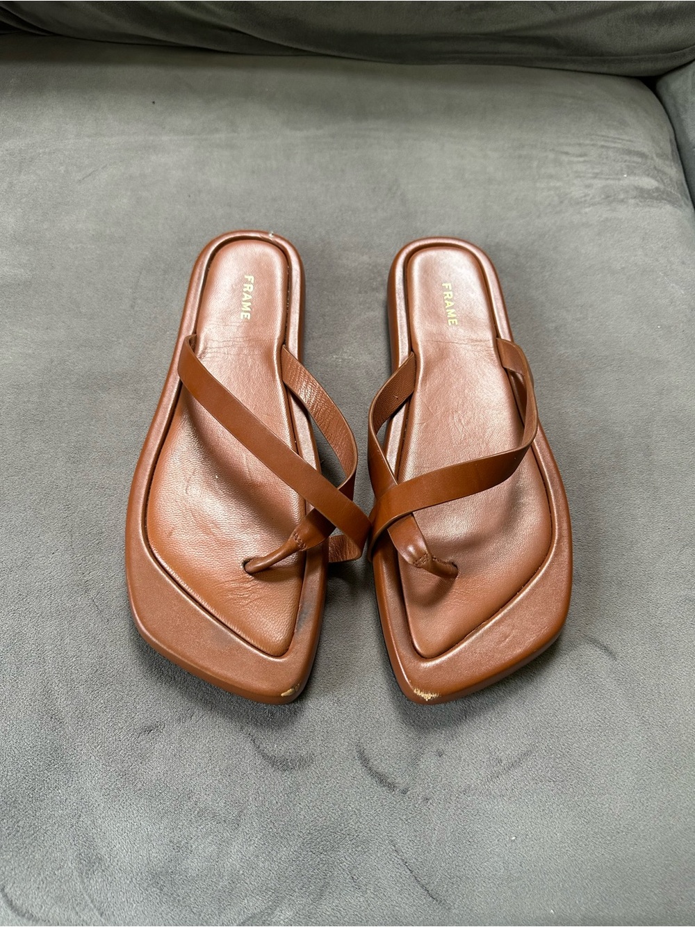 Frame Denim Tan Leather Square-Toe Thong Sandals
